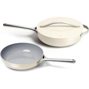 Caraway Fry Pan and Sauté Pan Duo – 10.5” Ceramic Frying Pan and 11.8” Deep Sauté Pan with Lid – Non Stick, Non Toxic, Oven Safe – White(Cream)