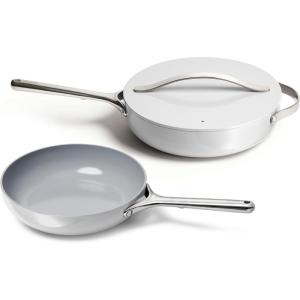 Caraway Fry Pan and Sauté Pan Duo – 10.5” Ceramic Frying Pan and 11.8” Deep Sauté Pan with Lid – Non Stick, Non Toxic, Oven Safe – White(Gray)