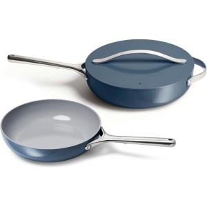 Caraway Fry Pan and Sauté Pan Duo – 10.5” Ceramic Frying Pan and 11.8” Deep Sauté Pan with Lid – Non Stick, Non Toxic, Oven Safe – White(Navy)