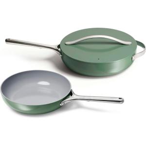 Caraway Fry Pan and Sauté Pan Duo – 10.5” Ceramic Frying Pan and 11.8” Deep Sauté Pan with Lid – Non Stick, Non Toxic, Oven Safe – White(Sage)