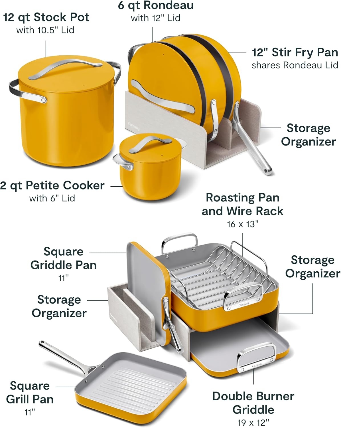 image:imageCaraway 31Piece Ceramic Cookware Bundle Fry Pans Saucepans Saut Pan Dutch Oven Petite Cooker Stir Fry Rondeau Stock Pot Grill amp Griddle Pans Roasting Pan Racks Organizers NavyMarigold