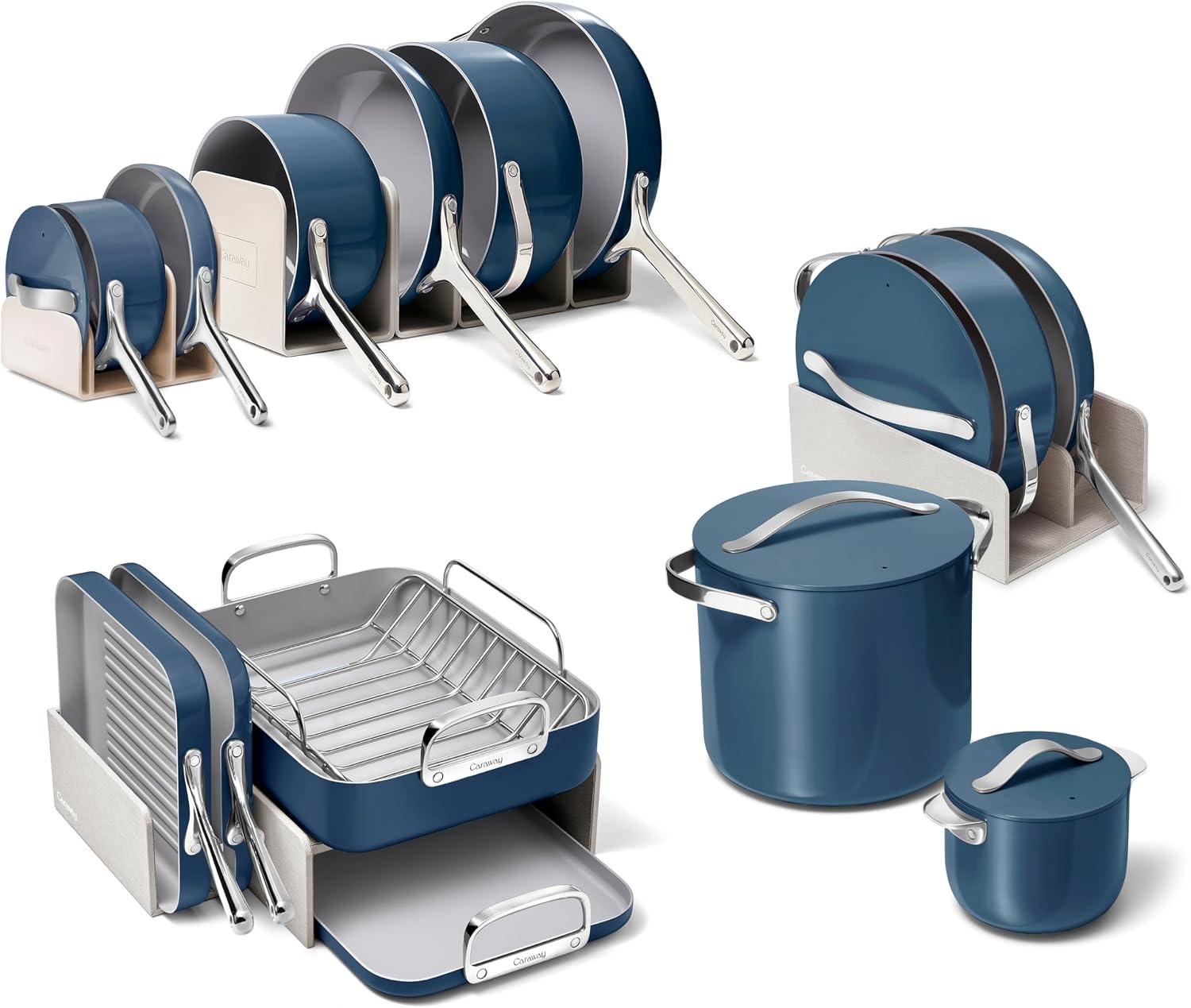 image:imageCaraway 31Piece Ceramic Cookware Bundle Fry Pans Saucepans Saut Pan Dutch Oven Petite Cooker Stir Fry Rondeau Stock Pot Grill amp Griddle Pans Roasting Pan Racks Organizers NavyNavy