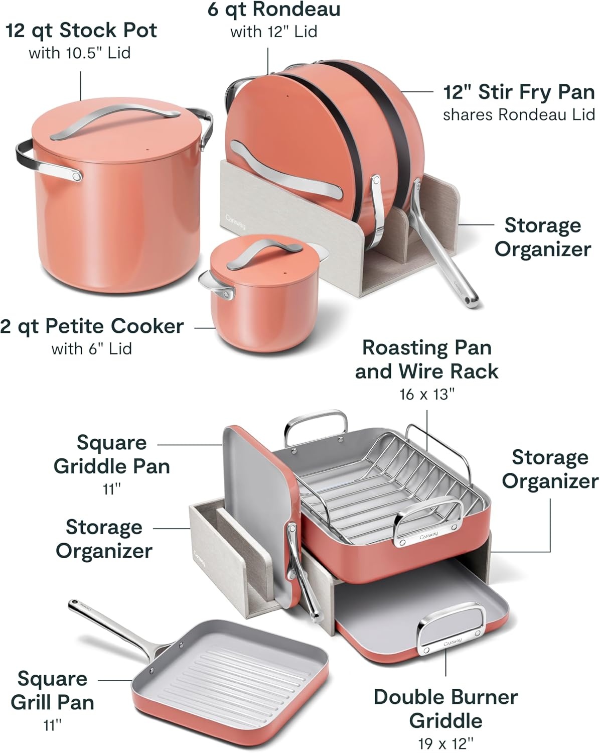 image:imageCaraway 31Piece Ceramic Cookware Bundle Fry Pans Saucepans Saut Pan Dutch Oven Petite Cooker Stir Fry Rondeau Stock Pot Grill amp Griddle Pans Roasting Pan Racks Organizers NavyPerracotta