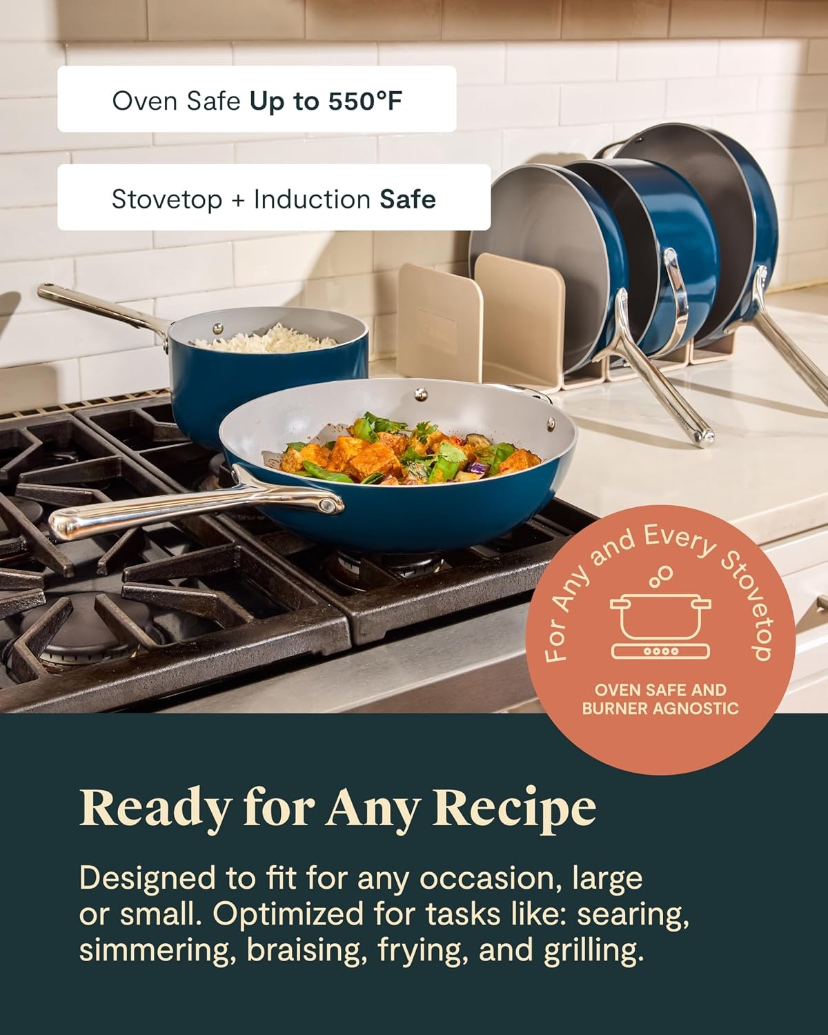 image:imageCaraway 31Piece Ceramic Cookware Bundle Fry Pans Saucepans Saut Pan Dutch Oven Petite Cooker Stir Fry Rondeau Stock Pot Grill amp Griddle Pans Roasting Pan Racks Organizers NavyMarigold