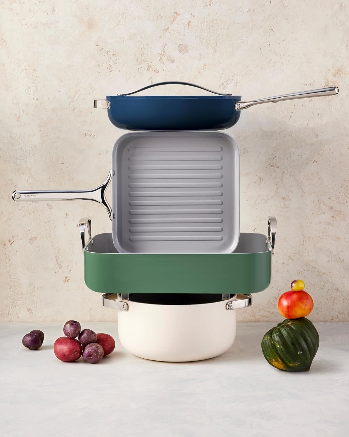 image:imageCaraway 31Piece Ceramic Cookware Bundle Fry Pans Saucepans Saut Pan Dutch Oven Petite Cooker Stir Fry Rondeau Stock Pot Grill amp Griddle Pans Roasting Pan Racks Organizers NavyNavy