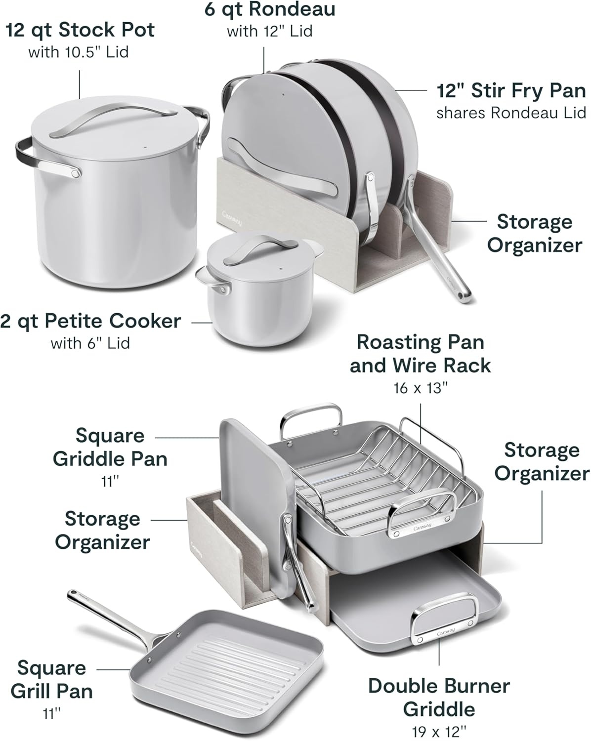 image:imageCaraway 31Piece Ceramic Cookware Bundle Fry Pans Saucepans Saut Pan Dutch Oven Petite Cooker Stir Fry Rondeau Stock Pot Grill amp Griddle Pans Roasting Pan Racks Organizers NavyGray