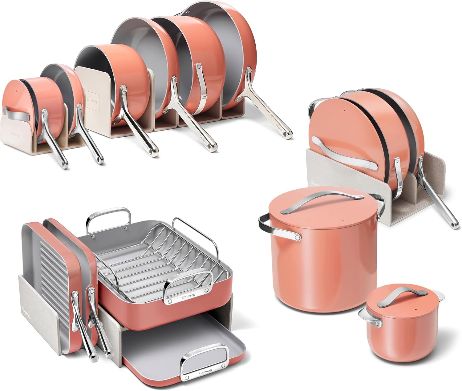 image:imageCaraway 31Piece Ceramic Cookware Bundle Fry Pans Saucepans Saut Pan Dutch Oven Petite Cooker Stir Fry Rondeau Stock Pot Grill amp Griddle Pans Roasting Pan Racks Organizers NavyPerracotta