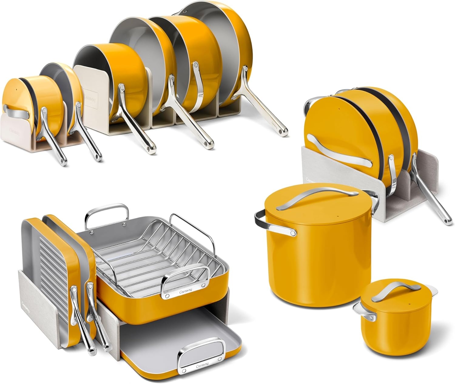 image:imageCaraway 31Piece Ceramic Cookware Bundle Fry Pans Saucepans Saut Pan Dutch Oven Petite Cooker Stir Fry Rondeau Stock Pot Grill amp Griddle Pans Roasting Pan Racks Organizers NavyMarigold