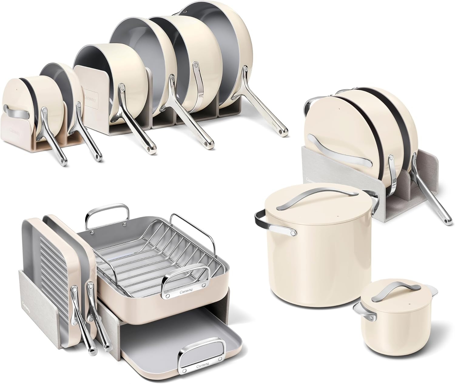 image:imageCaraway 31Piece Ceramic Cookware Bundle Fry Pans Saucepans Saut Pan Dutch Oven Petite Cooker Stir Fry Rondeau Stock Pot Grill amp Griddle Pans Roasting Pan Racks Organizers NavyCream