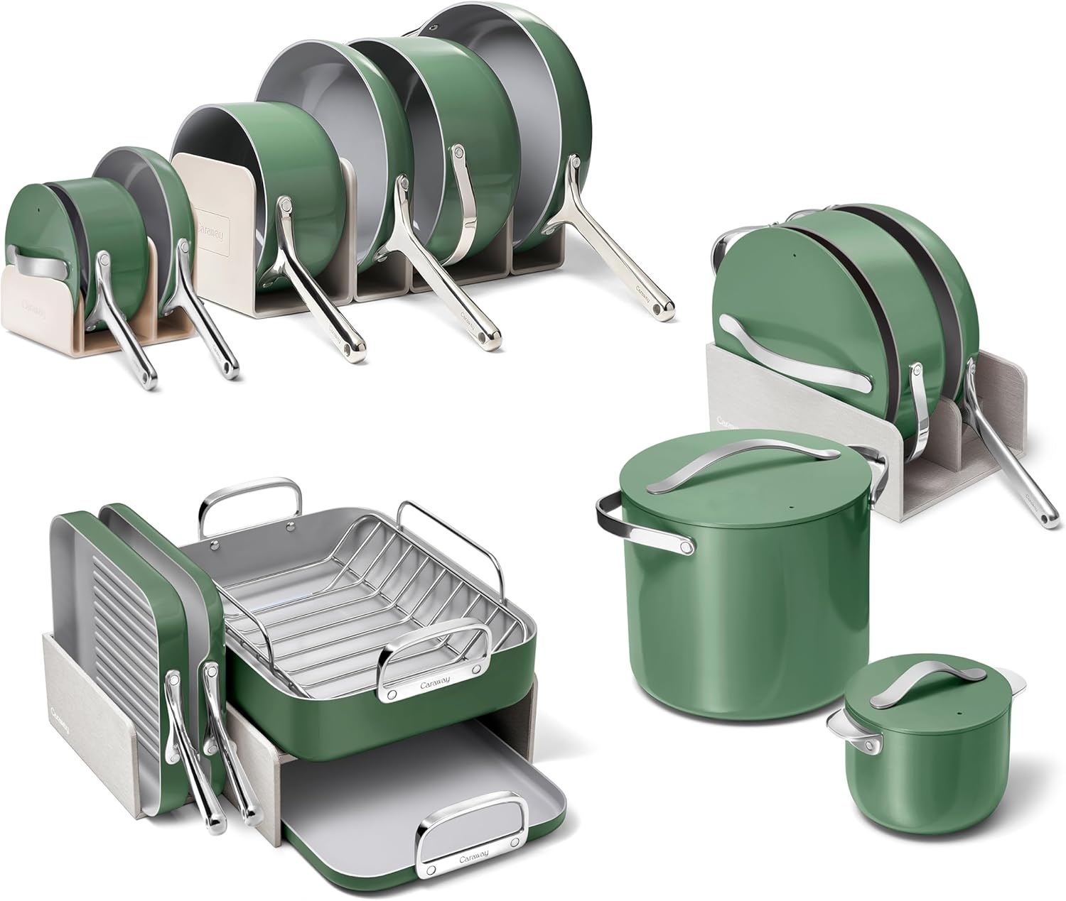 image:imageCaraway 31Piece Ceramic Cookware Bundle Fry Pans Saucepans Saut Pan Dutch Oven Petite Cooker Stir Fry Rondeau Stock Pot Grill amp Griddle Pans Roasting Pan Racks Organizers NavySage