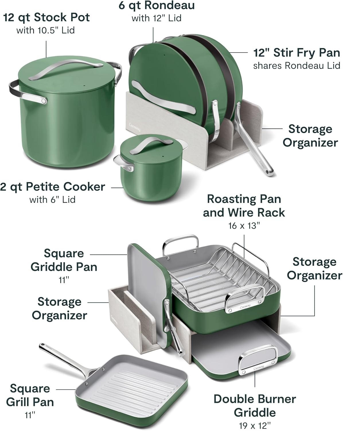 image:imageCaraway 31Piece Ceramic Cookware Bundle Fry Pans Saucepans Saut Pan Dutch Oven Petite Cooker Stir Fry Rondeau Stock Pot Grill amp Griddle Pans Roasting Pan Racks Organizers NavySage