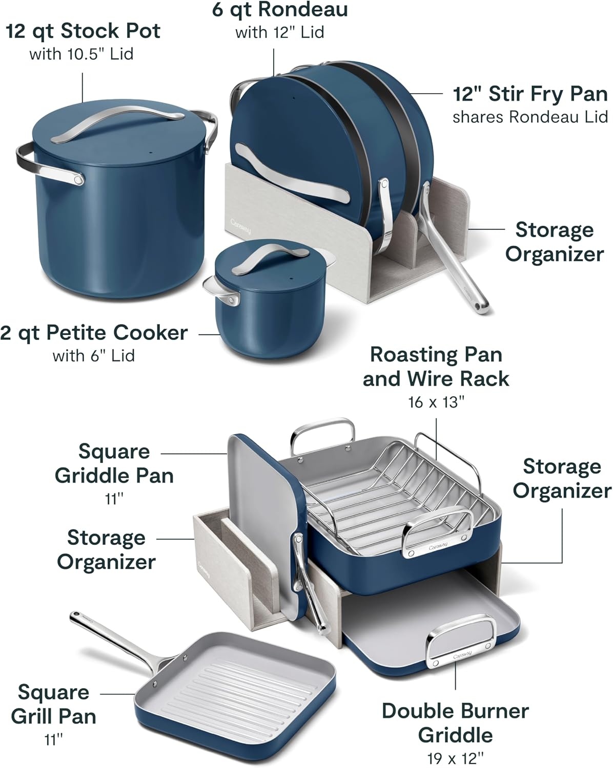 image:imageCaraway 31Piece Ceramic Cookware Bundle Fry Pans Saucepans Saut Pan Dutch Oven Petite Cooker Stir Fry Rondeau Stock Pot Grill amp Griddle Pans Roasting Pan Racks Organizers NavyNavy