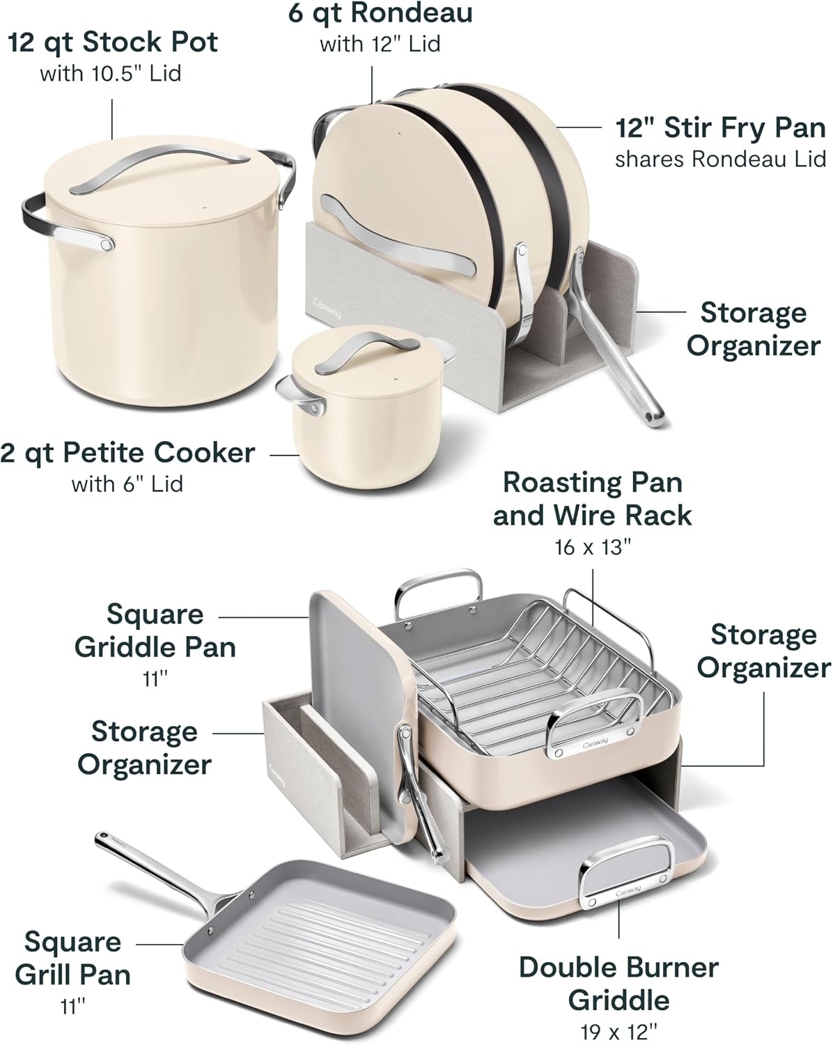 image:imageCaraway 31Piece Ceramic Cookware Bundle Fry Pans Saucepans Saut Pan Dutch Oven Petite Cooker Stir Fry Rondeau Stock Pot Grill amp Griddle Pans Roasting Pan Racks Organizers NavyCream