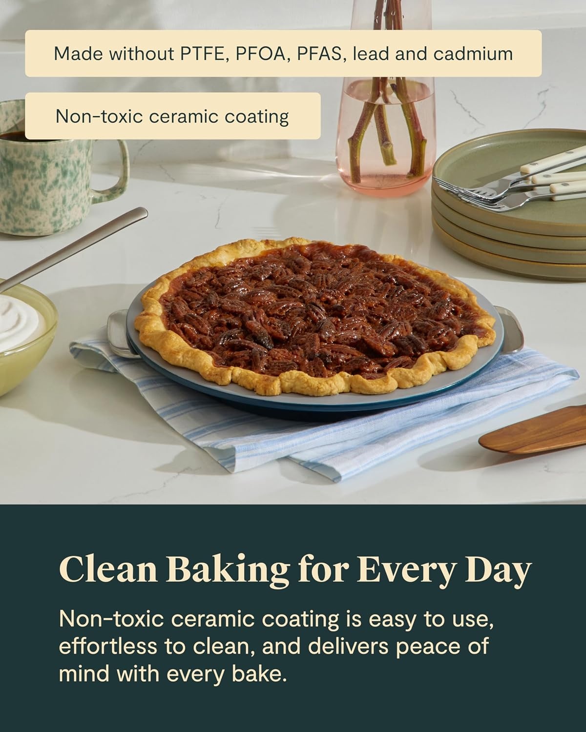 image:imageCaraway Pie Pan 9 NonStick Ceramic Baking Pan with Handles Oven Safe up to 550F NonToxic PTFE amp PFOA Free PerracottaNavy
