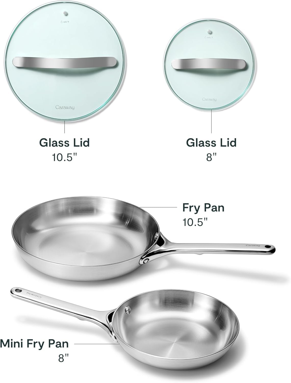 image:imageCaraway Stainless Steel Fry Pan Set With Glass Lids 2x 105 amp 1x 8 5Ply Stainless Steel Pan Oven Safe amp Stovetop Agnostic Non Toxic PTFE amp PFOA Free