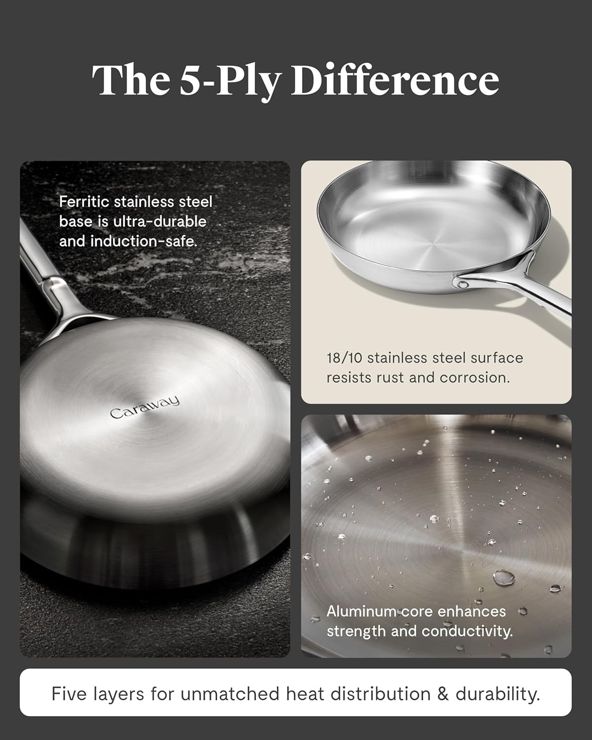 image:imageCaraway Stainless Steel Fry Pan Set With Glass Lids 2x 105 amp 1x 8 5Ply Stainless Steel Pan Oven Safe amp Stovetop Agnostic Non Toxic PTFE amp PFOA Free