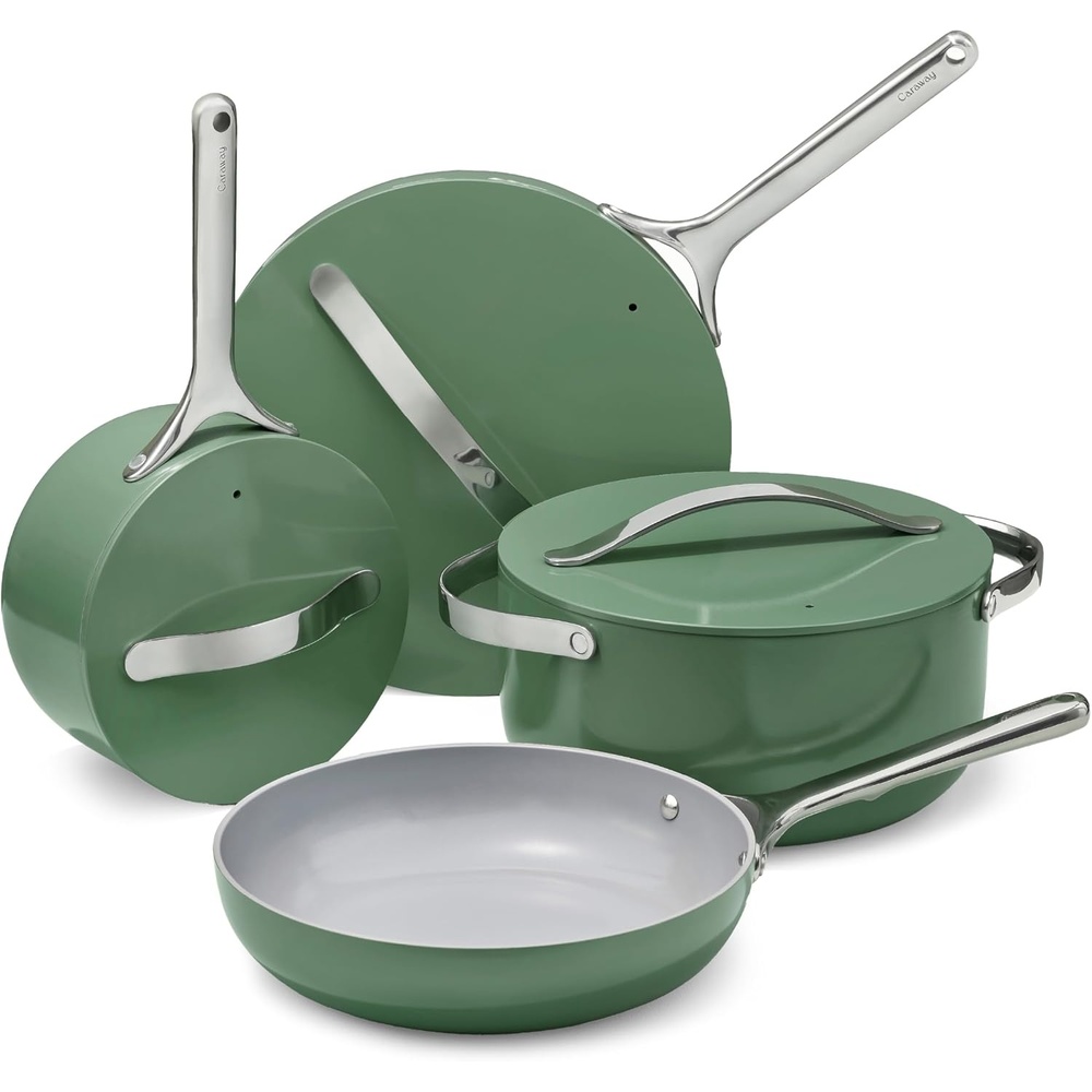 image:imageCaraway 31Piece Ceramic Cookware Bundle Fry Pans Saucepans Saut Pan Dutch Oven Petite Cooker Stir Fry Rondeau Stock Pot Grill amp Griddle Pans Roasting Pan Racks Organizers NavySage