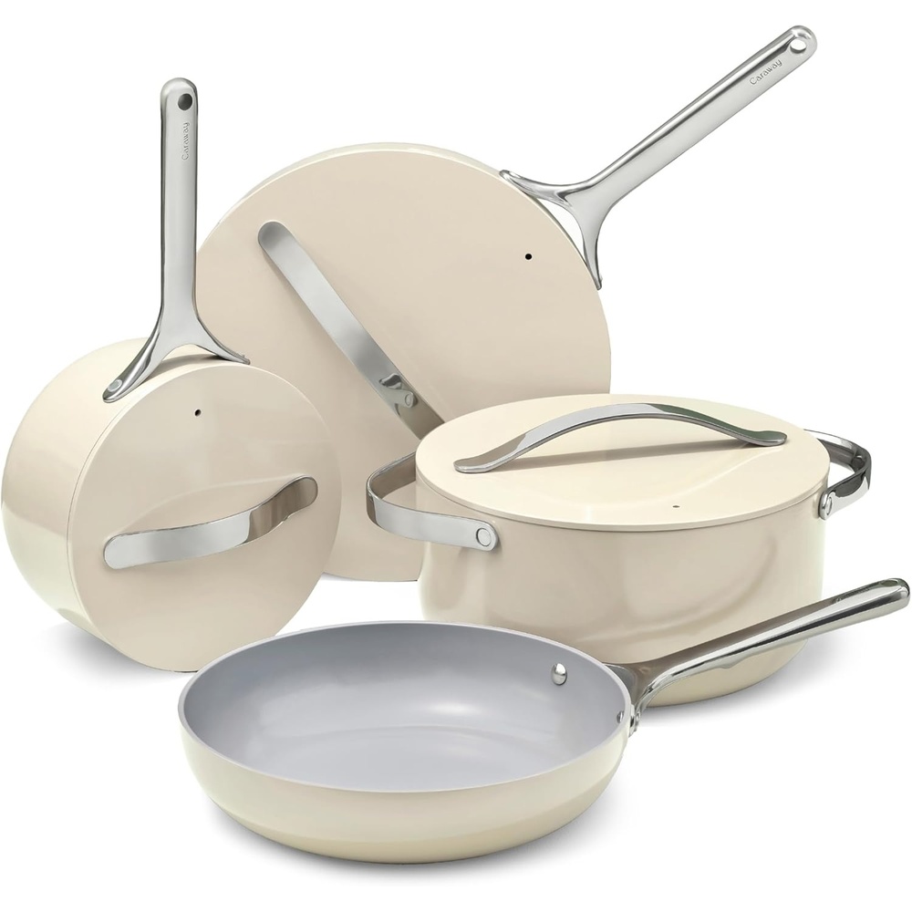 image:imageCaraway 31Piece Ceramic Cookware Bundle Fry Pans Saucepans Saut Pan Dutch Oven Petite Cooker Stir Fry Rondeau Stock Pot Grill amp Griddle Pans Roasting Pan Racks Organizers NavyCream