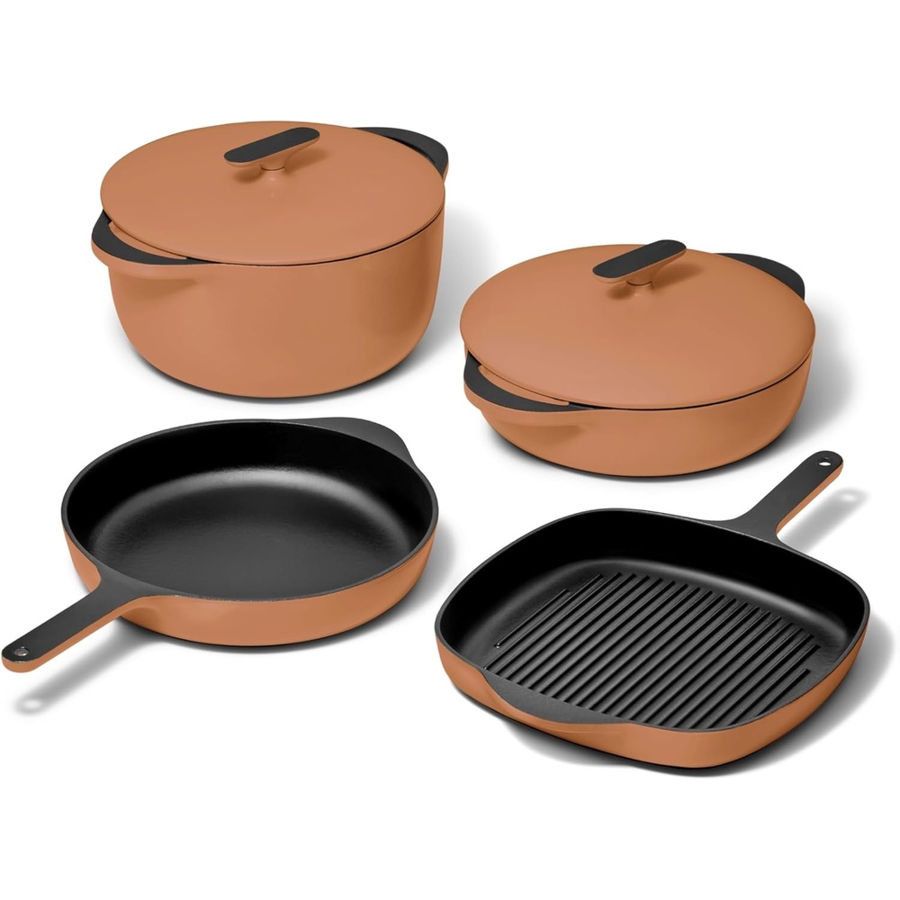 image:imageCaraway 8Piece Enameled Cast Iron Set 105 Skillet Grill Pan 35 qt Braiser Pan 65 qt Dutch Oven with Lid and Organizers NonToxic 3Layer Enamel Coating No Seasoning Required CreamRust
