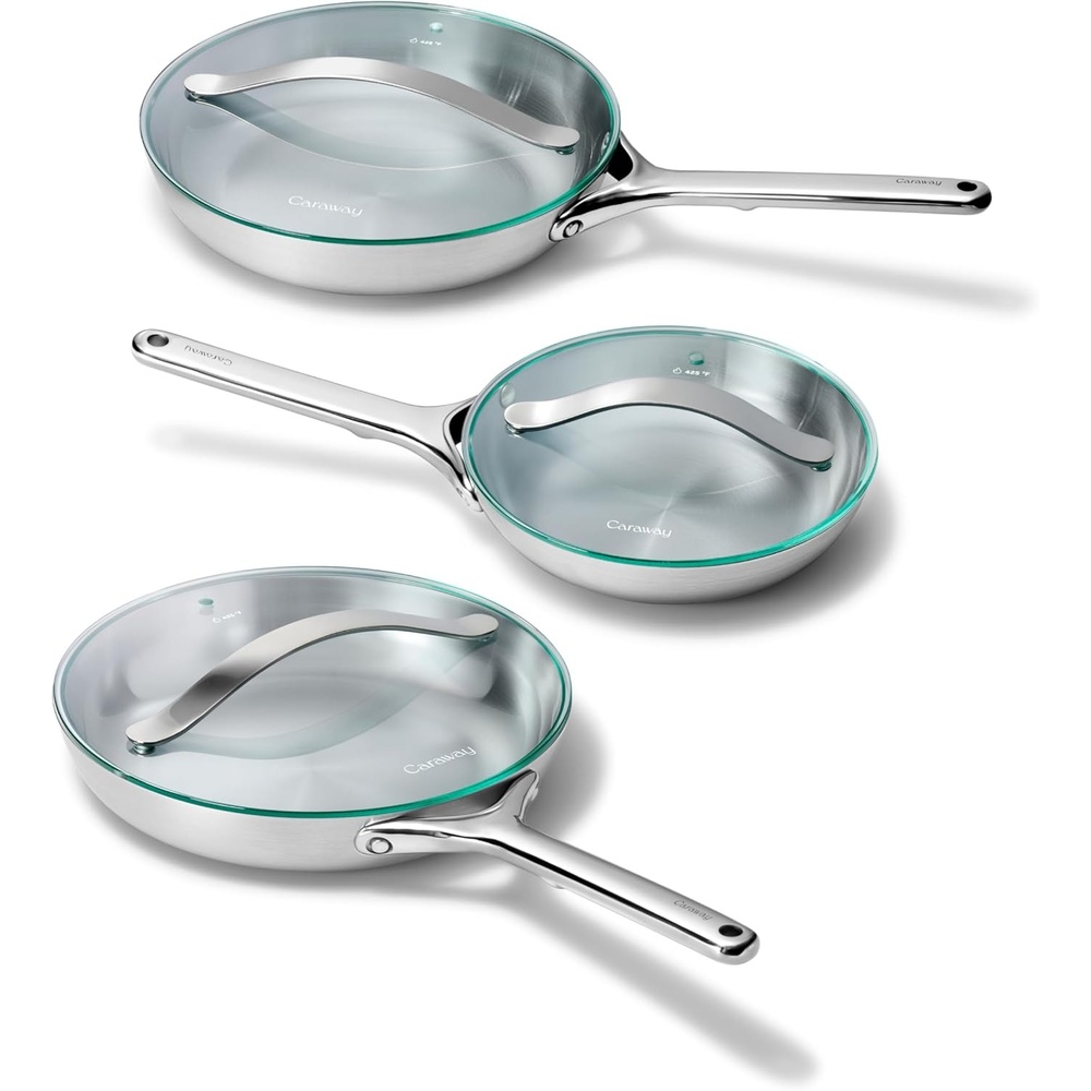 image:imageCaraway Stainless Steel Fry Pan Set With Glass Lids 2x 105 amp 1x 8 5Ply Stainless Steel Pan Oven Safe amp Stovetop Agnostic Non Toxic PTFE amp PFOA Free