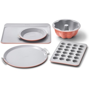 Caraway 5-Piece Bakeware+ Set – 15” Pizza Pan, 9” Pie Pan, 18” x 13” Cookie Sheet, 24-Cup Mini Muffin Pan and Fluted Cake Pan – Oven Safe up to 550ºF – Non-Toxic, PTFE & PFOA Free – Perracotta(Perracotta)