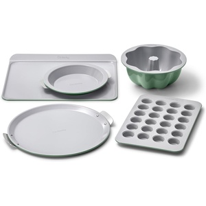 Caraway 5-Piece Bakeware+ Set – 15” Pizza Pan, 9” Pie Pan, 18” x 13” Cookie Sheet, 24-Cup Mini Muffin Pan and Fluted Cake Pan – Oven Safe up to 550ºF – Non-Toxic, PTFE & PFOA Free – Perracotta(Sage)