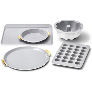 Caraway 5-Piece Bakeware+ Set – 15” Pizza Pan, 9” Pie Pan, 18” x 13” Cookie Sheet, 24-Cup Mini Muffin Pan and Fluted Cake Pan – Oven Safe up to 550ºF – Non-Toxic, PTFE & PFOA Free – Perracotta(White)