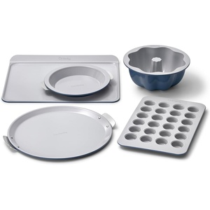 Caraway 5-Piece Bakeware+ Set – 15” Pizza Pan, 9” Pie Pan, 18” x 13” Cookie Sheet, 24-Cup Mini Muffin Pan and Fluted Cake Pan – Oven Safe up to 550ºF – Non-Toxic, PTFE & PFOA Free – Perracotta(Navy)