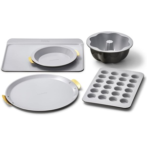 Caraway 5-Piece Bakeware+ Set – 15” Pizza Pan, 9” Pie Pan, 18” x 13” Cookie Sheet, 24-Cup Mini Muffin Pan and Fluted Cake Pan – Oven Safe up to 550ºF – Non-Toxic, PTFE & PFOA Free – Perracotta(Black)