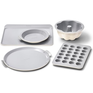Caraway 5-Piece Bakeware+ Set – 15” Pizza Pan, 9” Pie Pan, 18” x 13” Cookie Sheet, 24-Cup Mini Muffin Pan and Fluted Cake Pan – Oven Safe up to 550ºF – Non-Toxic, PTFE & PFOA Free – Perracotta(Cream)