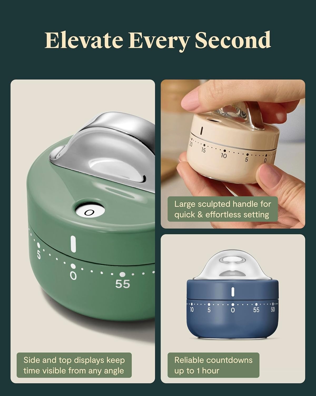image:imageCaraway Mechanical Kitchen Timer Stainless Steel 60 Minute Wind Up Timer Side and Top Display for Cooking Baking and Daily Routines CreamNavy